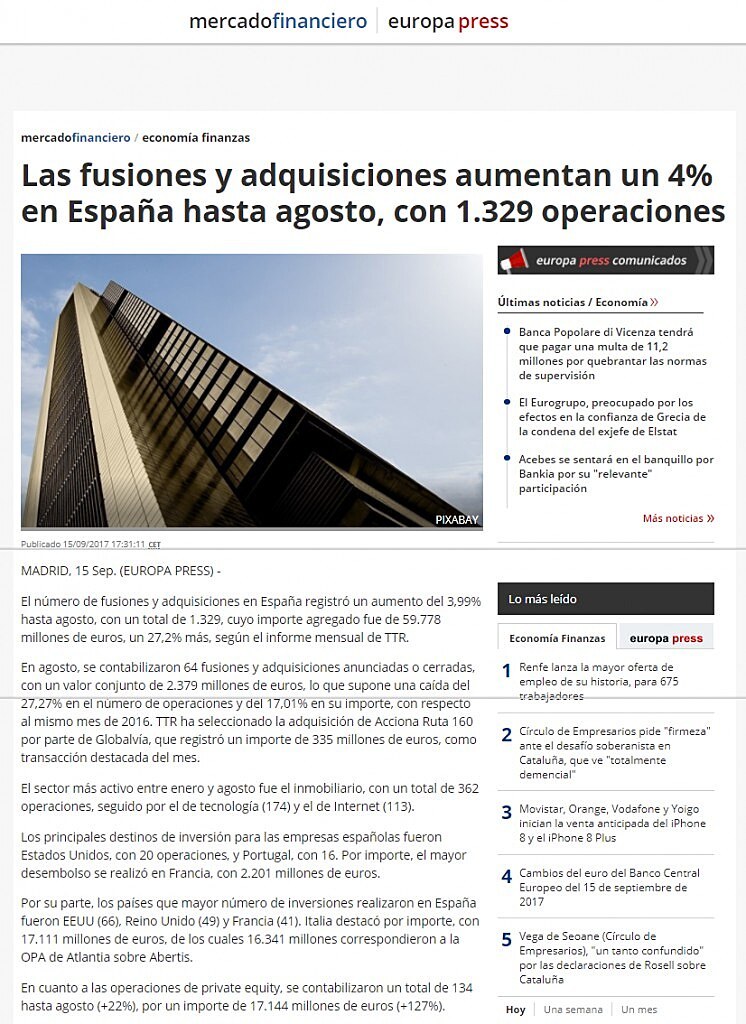 Las fusiones y adquisiciones aumentan un 4% en Espaa hasta agosto, con 1.329 operaciones